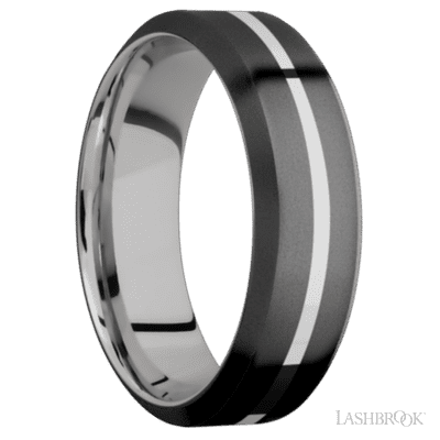 7 mm wide/High Bevel/Zirconium band with one 1 mm Centered inlay of Palladium Silver also featuring a Palladium Silver sleeve.