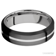 7 mm wide/High Bevel/Zirconium band with one 1 mm Centered inlay of Palladium Silver also featuring a Palladium Silver sleeve.