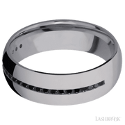 7 mm wide/Domed/Tantalum band with a Half Eternity arrangement of .015 carat Round Black Diamond stones in a Channel setting.