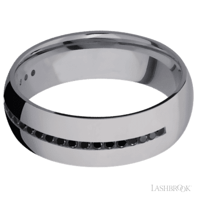 7 mm wide/Domed/Tantalum band with a Half Eternity arrangement of .015 carat Round Black Diamond stones in a Channel setting.