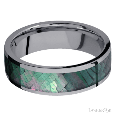 7 mm wide/Flat/Tantalum band with one 5 mm Centered inlay of Black Mother of Pearl.