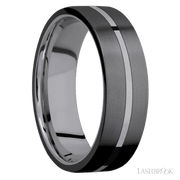 7 mm wide/Flat/Tantalum band with two 3 mm Double Off Center Edge inlays of Zirconium.