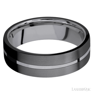7 mm wide/Flat/Tantalum band with two 3 mm Double Off Center Edge inlays of Zirconium.