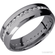 7 mm wide/High Bevel/Tantalum band with an Eternity arrangement of .03 carat Round Lab Grown Diamond stones in a Channel setting.