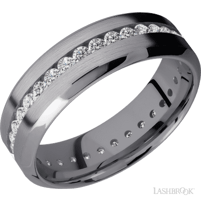 7 mm wide/High Bevel/Tantalum band with an Eternity arrangement of .03 carat Round Lab Grown Diamond stones in a Channel setting.