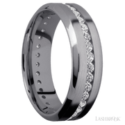 7 mm wide/High Bevel/Tantalum band with an Eternity arrangement of .03 carat Round Lab Grown Diamond stones in a Channel setting.