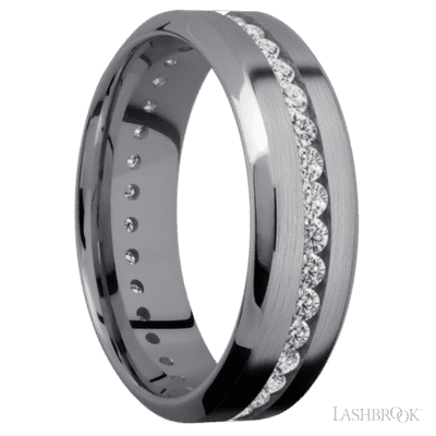 7 mm wide/High Bevel/Tantalum band with an Eternity arrangement of .03 carat Round Lab Grown Diamond stones in a Channel setting.