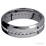 7 mm wide/High Bevel/Tantalum band with an Eternity arrangement of .03 carat Round Lab Grown Diamond stones in a Channel setting.