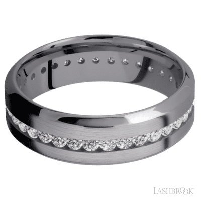 7 mm wide/High Bevel/Tantalum band with an Eternity arrangement of .03 carat Round Lab Grown Diamond stones in a Channel setting.