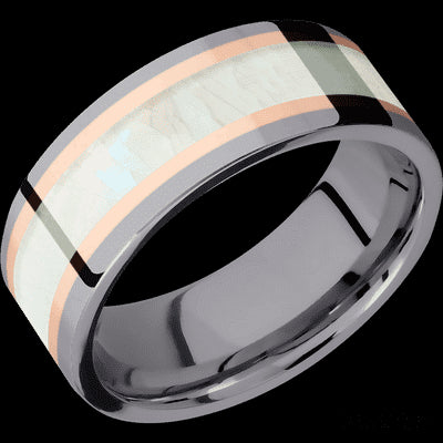 8 mm wide/Flat/Tantalum band featuring inlays of 14K Rose Gold and Freshwater Mother of Pearl.