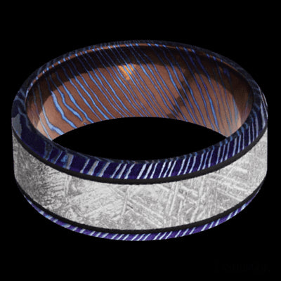 8 mm wide/Beveled/Titanium Damascus band with one 5 mm Centered inlay of Meteorite.