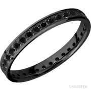 3 mm wide/Flat/Zirconium band with an Eternity arrangement of .03 carat Round Black Diamond stones in a Bead setting.