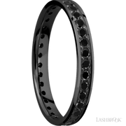 3 mm wide/Flat/Zirconium band with an Eternity arrangement of .03 carat Round Black Diamond stones in a Bead setting.