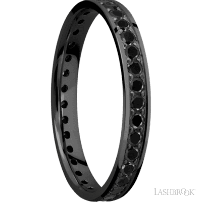 3 mm wide/Flat/Zirconium band with an Eternity arrangement of .03 carat Round Black Diamond stones in a Bead setting.