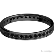 3 mm wide/Flat/Zirconium band with an Eternity arrangement of .03 carat Round Black Diamond stones in a Bead setting.