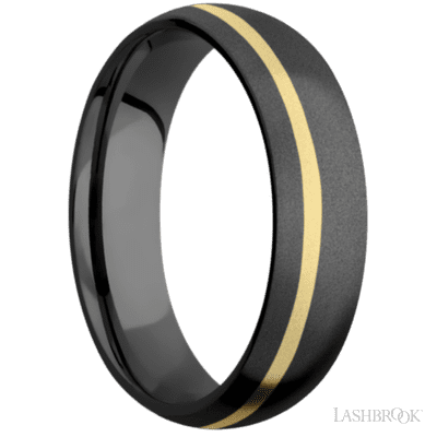 6 mm wide/Domed/Zirconium band with one 1 mm Off Center inlay of 14K Yellow Gold.