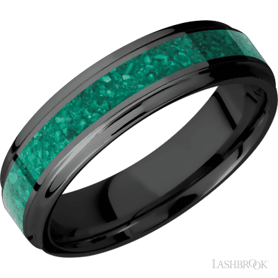 6 mm wide/Flat Grooved Edges/Zirconium band with one 3 mm Centered inlay of Malachite.