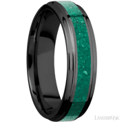 6 mm wide/Flat Grooved Edges/Zirconium band with one 3 mm Centered inlay of Malachite.
