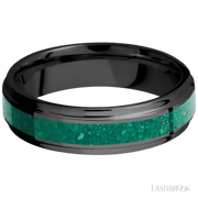 6 mm wide/Flat Grooved Edges/Zirconium band with one 3 mm Centered inlay of Malachite.