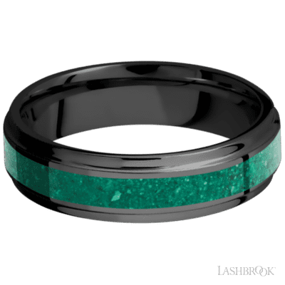 6 mm wide/Flat Grooved Edges/Zirconium band with one 3 mm Centered inlay of Malachite.