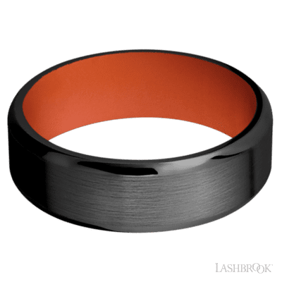 7 mm wide Beveled Zirconium band featuring a Hunter Orange sleeve.