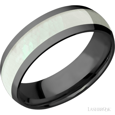 7 mm wide/Domed/Zirconium band with one 4 mm Centered inlay of Freshwater Mother of Pearl.