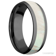 7 mm wide/Domed/Zirconium band with one 4 mm Centered inlay of Freshwater Mother of Pearl.
