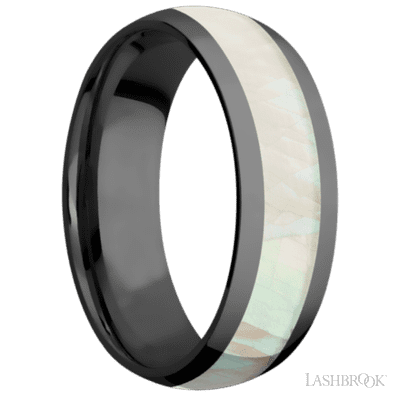 7 mm wide/Domed/Zirconium band with one 4 mm Centered inlay of Freshwater Mother of Pearl.