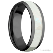 7 mm wide/Domed/Zirconium band with one 4 mm Centered inlay of Freshwater Mother of Pearl.