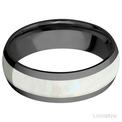 7 mm wide/Domed/Zirconium band with one 4 mm Centered inlay of Freshwater Mother of Pearl.