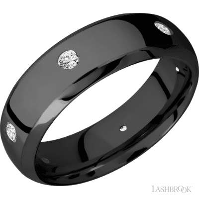 7 mm wide/Domed Bevel/Zirconium band with a 6X Even arrangement of .07 carat Round Diamond stones in a Flush setting.
