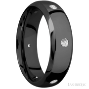 7 mm wide/Domed Bevel/Zirconium band with a 6X Even arrangement of .07 carat Round Diamond stones in a Flush setting.