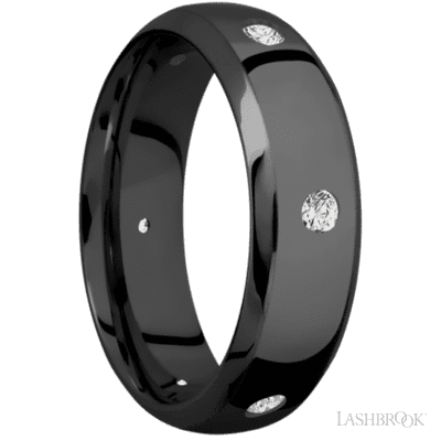 7 mm wide/Domed Bevel/Zirconium band with a 6X Even arrangement of .07 carat Round Diamond stones in a Flush setting.