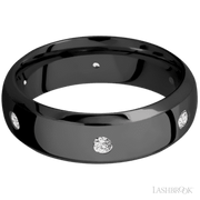 7 mm wide/Domed Bevel/Zirconium band with a 6X Even arrangement of .07 carat Round Diamond stones in a Flush setting.