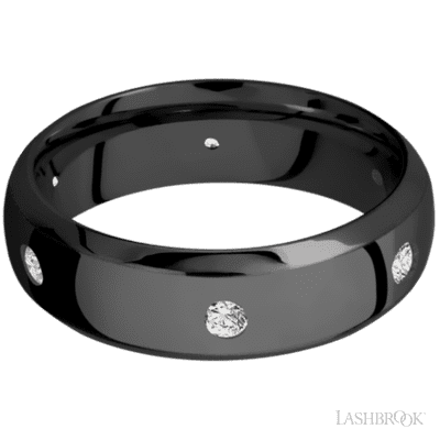 7 mm wide/Domed Bevel/Zirconium band with a 6X Even arrangement of .07 carat Round Diamond stones in a Flush setting.