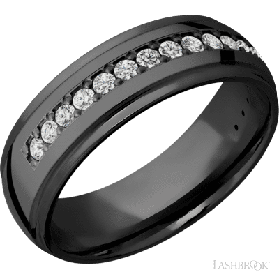 7 mm wide/Domed Stepped Down Edges/Zirconium band with a Half Eternity arrangement of .03 carat Round Diamond stones in a Bead setting.