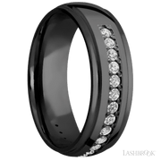 7 mm wide/Domed Stepped Down Edges/Zirconium band with a Half Eternity arrangement of .03 carat Round Diamond stones in a Bead setting.