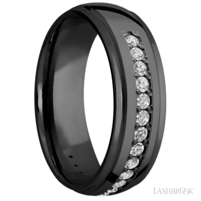 7 mm wide/Domed Stepped Down Edges/Zirconium band with a Half Eternity arrangement of .03 carat Round Diamond stones in a Bead setting.