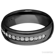 7 mm wide/Domed Stepped Down Edges/Zirconium band with a Half Eternity arrangement of .03 carat Round Diamond stones in a Bead setting.