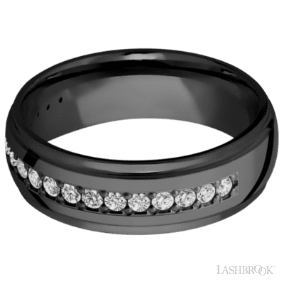 7 mm wide/Domed Stepped Down Edges/Zirconium band with a Half Eternity arrangement of .03 carat Round Diamond stones in a Bead setting.