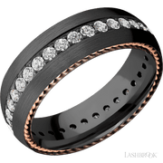 7 mm wide/Domed/Zirconium band with  two 1 mm Sidebraid inlays of 14K Rose Gold and featuring an Eternity arrangement of .03 carat Round Lab Grown Diamond stones in a Bead setting