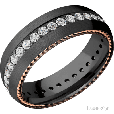 7 mm wide/Domed/Zirconium band with  two 1 mm Sidebraid inlays of 14K Rose Gold and featuring an Eternity arrangement of .03 carat Round Lab Grown Diamond stones in a Bead setting