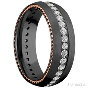 7 mm wide/Domed/Zirconium band with  two 1 mm Sidebraid inlays of 14K Rose Gold and featuring an Eternity arrangement of .03 carat Round Lab Grown Diamond stones in a Bead setting