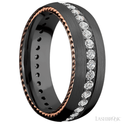 7 mm wide/Domed/Zirconium band with  two 1 mm Sidebraid inlays of 14K Rose Gold and featuring an Eternity arrangement of .03 carat Round Lab Grown Diamond stones in a Bead setting