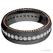 7 mm wide/Domed/Zirconium band with  two 1 mm Sidebraid inlays of 14K Rose Gold and featuring an Eternity arrangement of .03 carat Round Lab Grown Diamond stones in a Bead setting