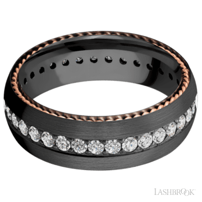 7 mm wide/Domed/Zirconium band with  two 1 mm Sidebraid inlays of 14K Rose Gold and featuring an Eternity arrangement of .03 carat Round Lab Grown Diamond stones in a Bead setting