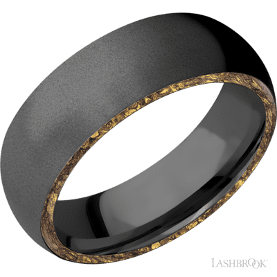 7 mm wide/Domed/Zirconium band with two 1 mm Side inlays of Alaskan Gold Nugget.