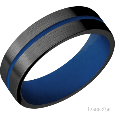 7 mm wide/Flat/Zirconium band with one 1 mm Centered inlay of Royal Blue also featuring a Royal Blue sleeve.