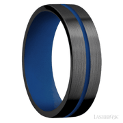 7 mm wide/Flat/Zirconium band with one 1 mm Centered inlay of Royal Blue also featuring a Royal Blue sleeve.
