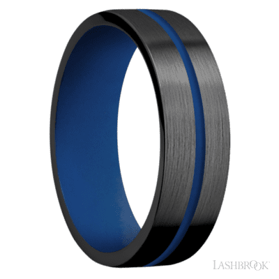 7 mm wide/Flat/Zirconium band with one 1 mm Centered inlay of Royal Blue also featuring a Royal Blue sleeve.
